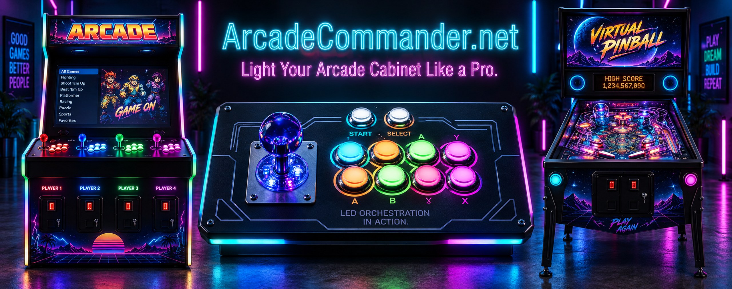 ArcadeCommander.net - Light Your Arcade Cabinet Like a Pro. An arcade cabinet, a lit control deck and a virtual pinball machine, all in neon